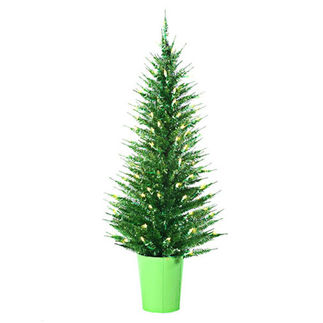 4 ft. Potted Artificial Christmas Tree - Pre-Lit Lime Green Vogue Tinsel - 100 Lime Green Mini Lights